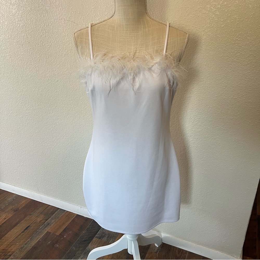 Elegant White Feather-Trim Mini Dress